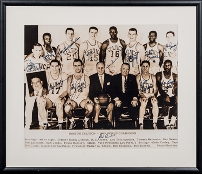 1959 Boston Celtics Team Signed Photo With 13 Signatures Including Russell, Auerbach, Heinsohn & Sharman In 31x27 Framed Display (Beckett)